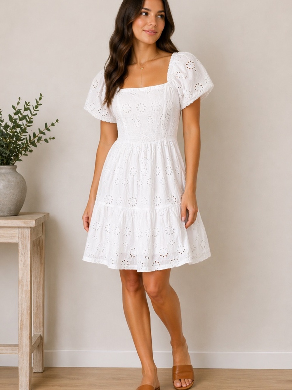 Chic Connection White Eyelet Puff Sleeve Square Neck Dress, Sz L, NWT